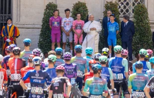Pope Leo XIV addresses 159 cyclists before they take a noncompetitive ride around Vatican City on the day of the last leg of the international Giro d’Italia multistage bicycle race on June 1, 2025. Credit: Daniel Ibáñez/EWTN News/Vatican Pool