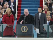 Cardinal Timothy Dolan delivers remarks on the West Front of the U.S. Capitol at the January 20, 2017 inauguration ceremony of Donald Trump. 