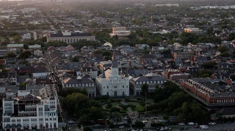 The St. Louis Cathedral and Jackson Square are seen at sunset near the French Quarter in downtown New Orleans on April 10, 2010.