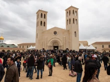 Worshipers in front of the Latin church dedicated to the Baptism of Jesus, in the locality known as "Bethany beyond the Jordan," at the exit of the Mass of the feast of Baptism, on Friday, Jan. 12, 2024.