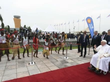 Pope Francis is greeted at the N’Dolo Airport in the Democratic Republic of Congo on Jan. 31, 2023.