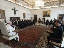 Pope Francis meets with the community of the Pontifical German Institute of Santa Maria dell'Anima in Rome on April 7, 2022.