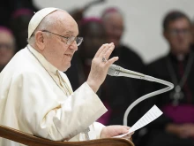 Pope Francis speaks during his general audience on Wednesday, Feb. 7, 2024, in the Paul VI Audience Hall at the Vatican.
