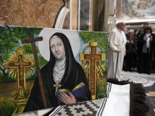 Pope Francis meets with Argentine pilgrims on Feb. 9, 2024, ahead of the historic canonization of the county’s first female saint on Sunday, Feb. 11, 2024.