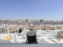 Pope Francis waves at the crowd of 1.5 million people who attended the closing Mass of World Youth Day 2023 in Lisbon, Portugal on Aug. 6, 2023.