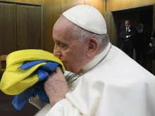 Pope Francis attends a Vatican screening of the 2022 documentary “Freedom on Fire: Ukraine’s Fight for Freedom” on Feb. 24, 2023.