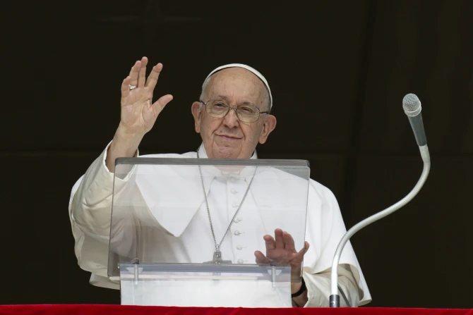 Pope Francis speaks during his Angelus address on Sept. 17, 2023.