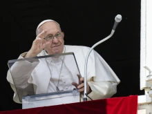 Pope Francis delivers the Regina Caeli address from the window of the Apostolic Palace on May 28, 2023.