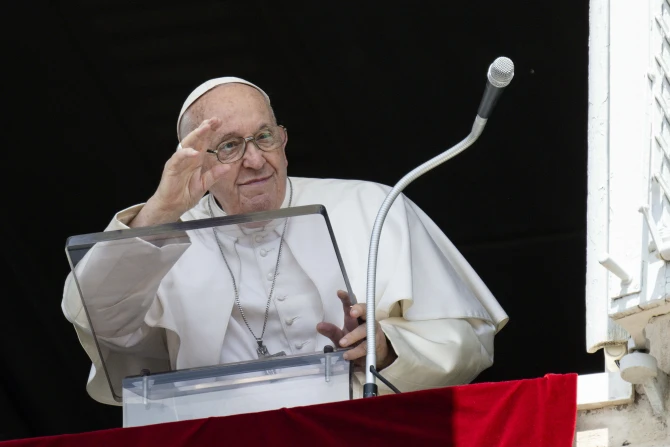 Pope Francis delivers the Regina Caeli address from the window of the Apostolic Palace on May 28, 2023.