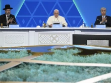 Pope Francis speaking at the Seventh Congress of Leaders of World and Traditional Religions in Nur-Sultan (Astana), Kazakhstan, Sept. 13–15, 2022.