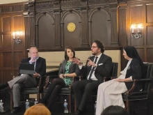 Left to right: Dr. John Bruchalski, a former abortionist and IVF provider, Emma Waters, a senior research associate at the Heritage Foundation, Andrew Kubick, a bioethicist at the National Catholic Bioethics Center and the Religious Freedom Institute, and Sister Deirdre Byrne, superior of the D.C. Little Workers of the Sacred Hearts, discuss the "eugenic" dangers of in vitro fertilization at a panel event at Georgetown University in Washington, D.C., April 18, 2024.