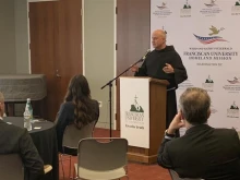 Father Dave Pivonka, TOR, president of Franciscan University of Steubenville, speaks at the opening of the Ward and Kathy Fitzgerald Franciscan University Homeland Mission (FUHM), which officially opened Feb. 28, 2025, in Washington D.C.