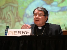 Cardinal Christophe Pierre speaks during an educational event at St. Petersburg Catholic High School in St. Petersburg, Florida, on Jan. 24, 2024. The event included a panel discussion on “The Risk of Education” by Father Luigi Giussani. The event was sponsored by the Tampa Bay Communion and Liberation community.