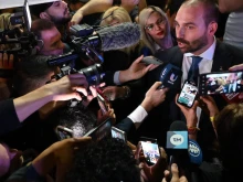 Brazilian congressman Eduardo Bolsonaro, son of former president Jair Bolsonaro, speaks to the media on Oct. 22, 2023.