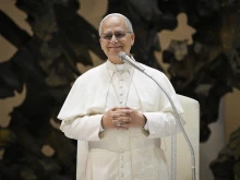 Pope Leo XIV speaks to pilgrims at the general audience in the Paul VI Audience Hall, Vatican City, Wednesday, Aug. 27, 2025.
