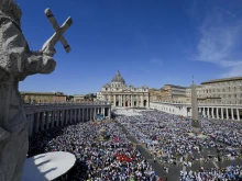 Pilgrims at the canonization Mass for Sts. Carlo Acutis and Pier Giorgio Frassati in St. Peter’s Square on Sept. 7, 2025.