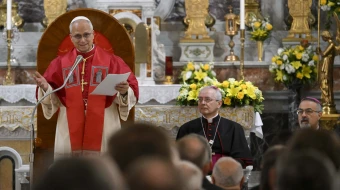 Pope Leo XIV encourages Catholic clergy, religious brothers and sisters, and lay pastoral workers to see the Catholic community’s small size as a strength during an encounter at the Cathedral of the Holy Spirit in Istanbul, Turkey, on Nov. 28, 2025.