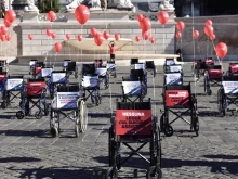 Empty wheelchairs were used during a Nov. 4, 2025, anti-assisted suicide event in Rome.