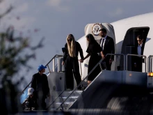 Vice President JD Vance (right), second lady Usha Vance (center), and Erika Kirk deplane Air Force Two while escorting the body of Charlie Kirk on Sept. 11, 2025, in Phoenix.