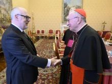 Vatican Secretary of State Cardinal Pietro Parolin meets with President Alar Karis of Estonia at the Vatican on April 3, 2025, to discuss local and regional issues including prospects of ending the Russia-Ukraine war.