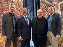 Left to right: Jason Simon, president, The Evangelical Catholic; Joe Adams, winner of the ad extra award; Father Paul Soper, secretary for ministerial personnel and director of clergy personnel, Archdiocese of Boston, winner of the ad intra award; and Dan Cellucci, CEO of Catholic Leadership Institute