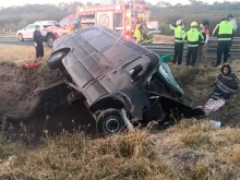 An overturned van which was carrying pilgrims to the Basilica of Our Lady of San Juan de Los Lagos, Jan. 29, 2022.