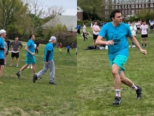 Father Gregory Miller plays Ultimate Frisbee during the annual "Cassock Classic."