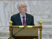 Australian theologian Father Ormond Rush addresses the General Assembly of the Synod on Synodality on Oct. 23, 2023, in the Vatican’s Paul VI Hall.