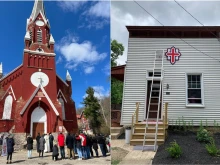Our Lady of Perpetual Help Church, which was closed in 1989 and sold, which the Serenelli Project is hoping to purchase (left), and a home for ex-inmates reentering society owned by the Serenelli Project (right).