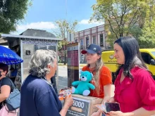 State congresswoman Mónica Rodríguez Della Vecchia (right) of Puebla, Mexico, takes to the streets March 29, 2023, to raise awareness on her #ConLosNiñosNo (Not with children) campaign promoting her bill that seeks to prohibit sex changes in minors and punish those who force children or adolescents to undergo such procedures.