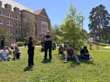 Florida State University students wait for news amid an active shooter incident at the school’s campus in Tallahassee, Florida, Thursday, April 17, 2025.