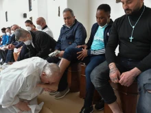 Pope Francis washes the feet of prisoners in Civitavecchia, Italy, April 14, 2022.