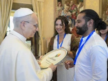 Pope Leo XIV meets young adults from the Mediterranean Youth Council in the Hall of the Consistory in the Vatican’s Apostolic Palace on Sept. 5, 2025.