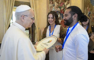 Pope Leo XIV meets young adults from the Mediterranean Youth Council in the Hall of the Consistory in the Vatican’s Apostolic Palace on Sept. 5, 2025. Credit: Vatican Media