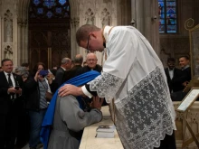 Father Matthew Breslin blesses his sister, Sr. Mary Strength of Martyrs, shortly after his May 29, 2021 ordination.