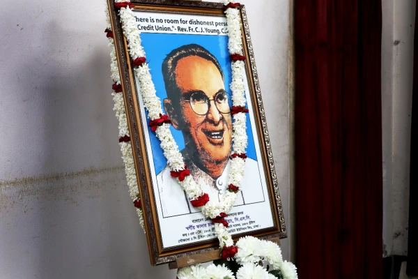 This sketch of Father Charles Joseph Young adorns almost every Christian Cooperative Credit Union in Bangladesh. Young is called "the father of cooperatives" in Bangladesh. Credit: Stephan Uttom Rozario