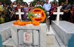 Leaders of the Christian community lay wreaths at the grave of Father Charles Joseph Young at the Holy Rosary Church cemetery in Dhaka on Nov. 14, 2025. Credit: Stephan Uttom Rozario