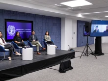 Paula Fitzgerald, Roxana Rueda Moreno, moderator Christian Soenen, Rosa Reyes discuss the effects of mass deportation at a conversation sponsored by the Georgetown Initiative on Catholic Social Thought and Public Life.