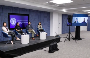 Paula Fitzgerald, Roxana Rueda Moreno, moderator Christian Soenen, Rosa Reyes discuss the effects of mass deportation at a conversation sponsored by the Georgetown Initiative on Catholic Social Thought and Public Life. Credit: Madalaine Elhabbal/CNA
