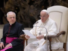 Pope Francis speaks about World Youth Day in Lisbon, Portugal, during his weekly Wednesday audience in the Paul VI Hall Aug. 9, 2023.