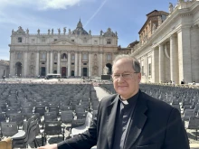 Father Pablo Gefaell is seen in St. Peter’s Square at the Vatican, Monday, April 21, 2025.