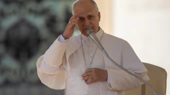 Pope Leo XIV gives his apostolic blessing at the end of the general audience in St. Peter’s Square on Nov. 12, 2025.