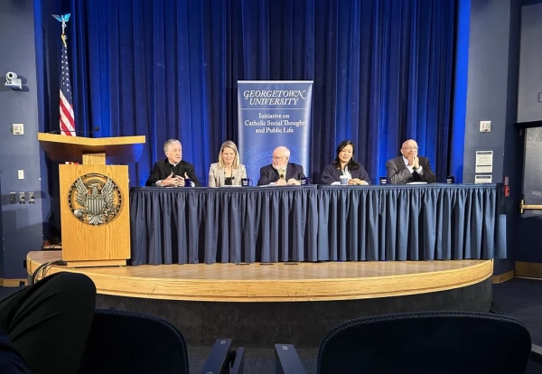 Panelists at the Oct. 30, 2025 event at Georgetown University include, left to right, Cardinal Blase Cupich, Liz Shuler, president of the AFL-CIO; John Carr, founder of Georgetown's Initiative on Catholic Social Thought and Public Life; Cecilia Flores, executive director of the Catholic Volunteer Network; and Paul Almeida, dean and William R. Berkeley chair at Georgetown University’s McDonough School of Business. Credit: Madalaine Elhabbal/CNA
