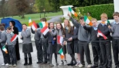 Schoolchildren attend a ceremonial welcome and tree planting at Aras an Uachtarain, the official residence of the president of Ireland, during a state visit by His Serene Highness Prince Albert II of Monaco and his fiancee, Charlene Wittstock, on April 4, 2011, in Dublin.
