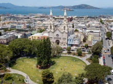 An aerial view of Washington Square in San Francisco on May 22, 2020.