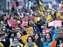 Demonstrators hold pro-life placards during an anti-abortion protest in Paris on Jan. 16, 2022. Abortion in France is legal until 14 weeks after conception.