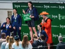 Penn University transgender swimmer Lia Thomas celebrates taking first place in the 500-yard freestyle race with a time of 4.37.32 during the championship final race in heat three during the Women's Ivy League Swimming & Diving Championships at Harvard University in Cambridge, Massachusetts, on Feb. 17, 2022.