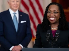 Judge Ketanji Brown Jackson, with President Joe Biden, speaks after she was nominated for Associate Justice of the US Supreme Court, in the Cross Hall of the White House in Washington, DC, February 25, 2022.