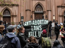 Abortion-rights activists gather outside of a Catholic church in downtown Manhattan to voice their support for a woman's right to choose on May 07, 2022 in New York City. The protests at the Basilica of St. Patricks Old Cathedral, which have been occurring weekly and where a small number of pro-life activists worship, have been given added urgency by the recent leaked Supreme Court ruling on Roe v. Wade.