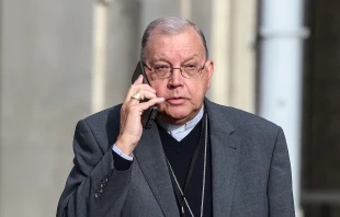 Then-Bishop of Verdun Jean-Paul Gusching speaks on the phone before the closing speech on the last day of the Conference des Eveques de France (French Bishops’ Conference), in Lourdes, southwestern France, on Nov. 8, 2022. Credit: CHARLY TRIBALLEAU/AFP via Getty Images